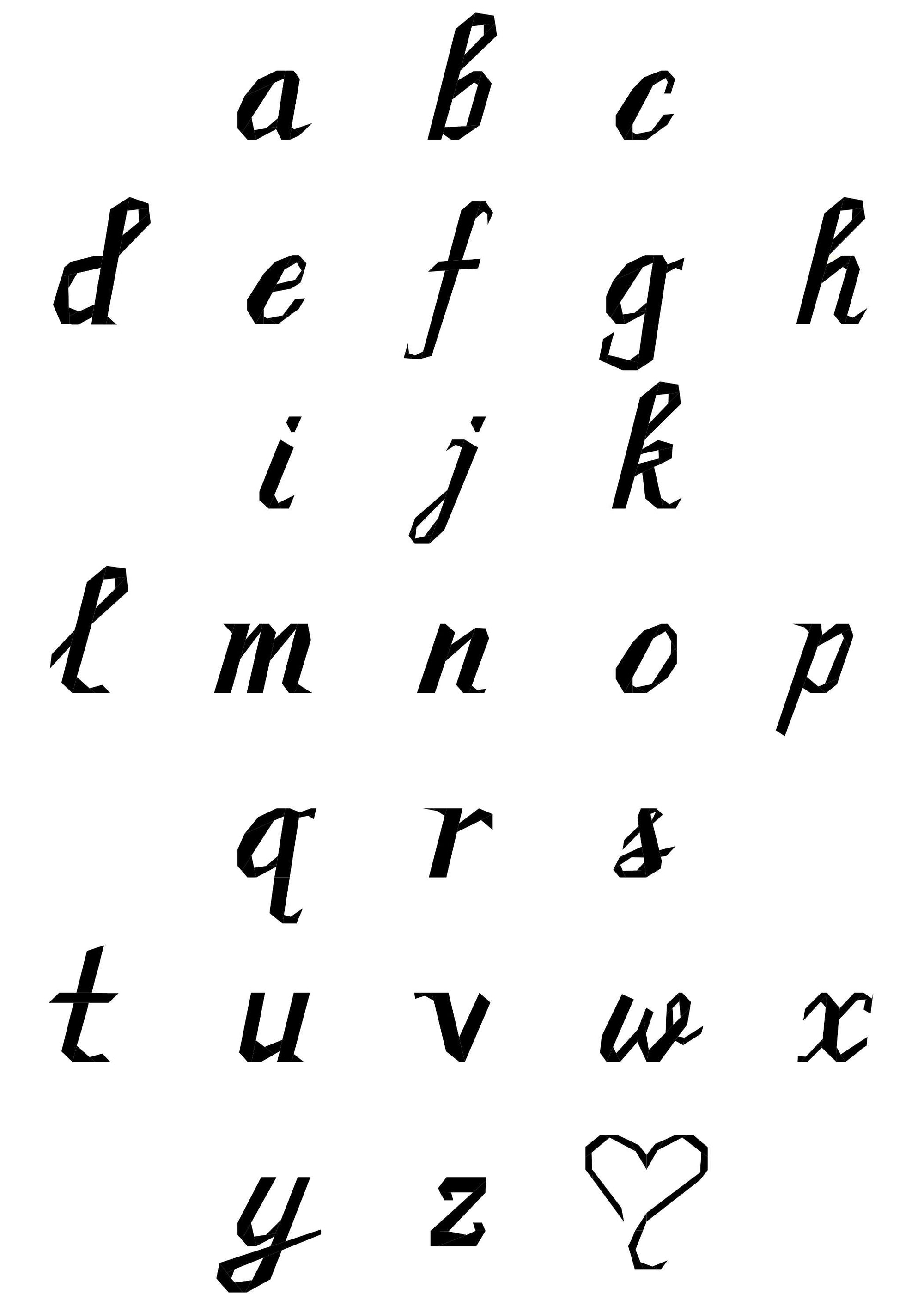 paper pieced alphabet featuring a cursive style script plus a heart pattern