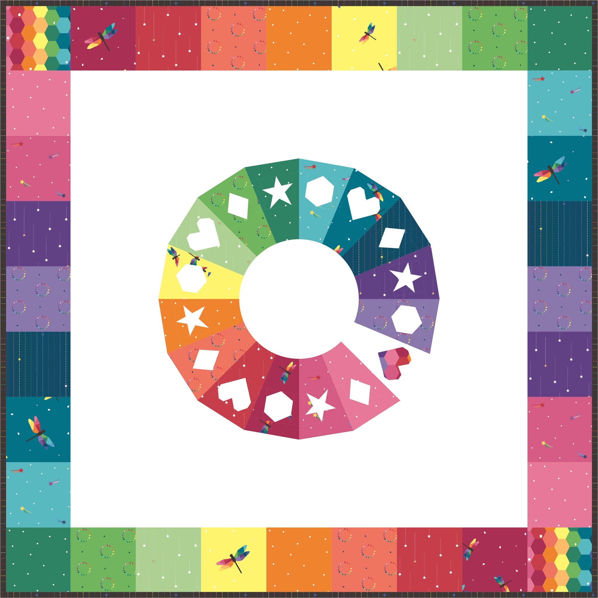 Daydream quilt pattern featuring a colour wheel and geometric shapes