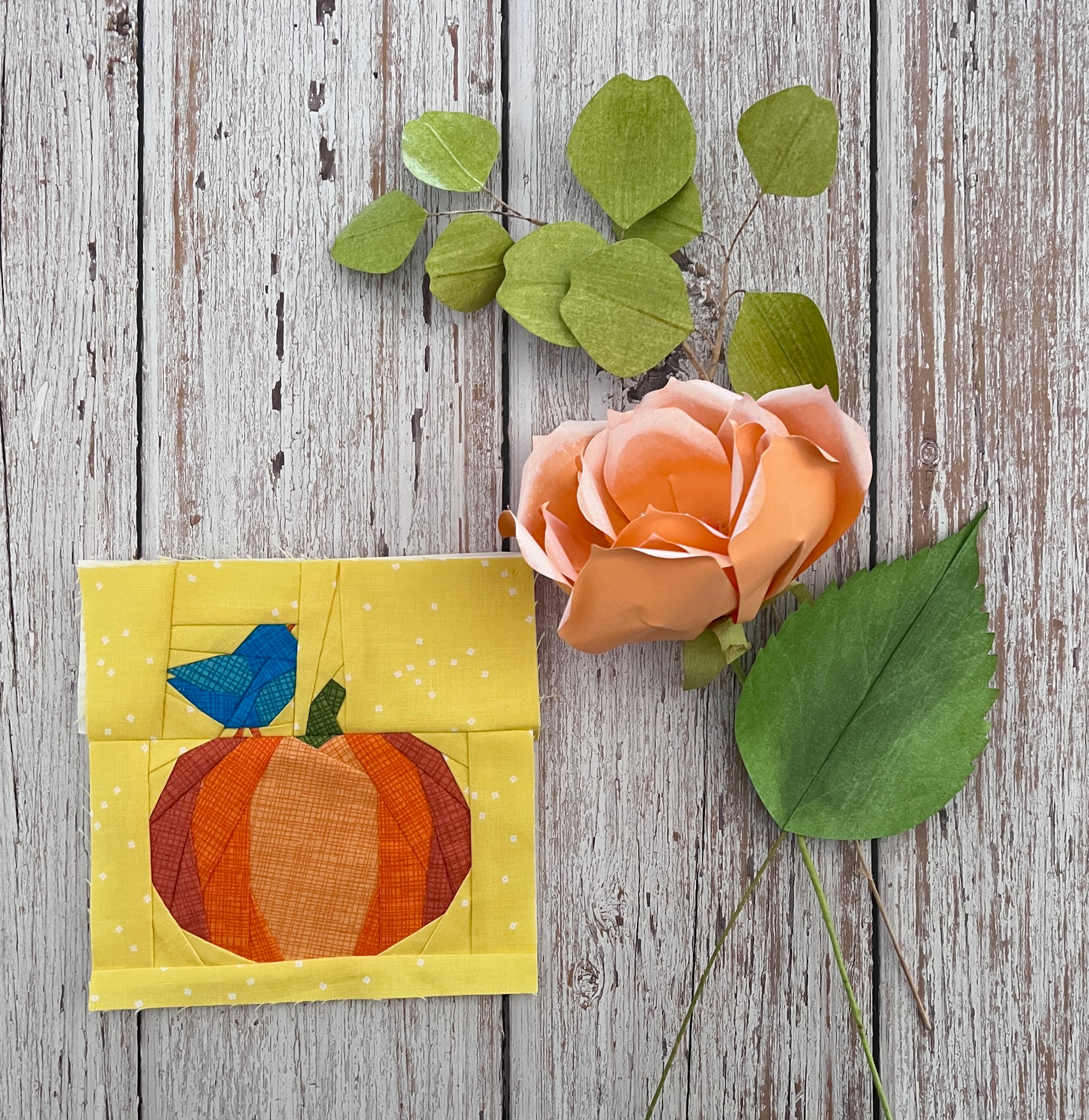 tweet bird on a pumpkin paper pieced pattern sewn in fabric
