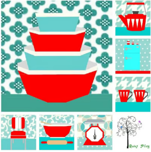 Foundation paper pieced pattern bundle featuring retro kitchenware including a kettle, fridge, containers, cups, scales and a chair