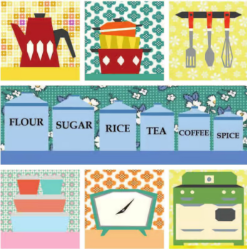 foundation paper pieced pattern bundle featuring retro kitchenware including a stove, canisters, kettle and a clock