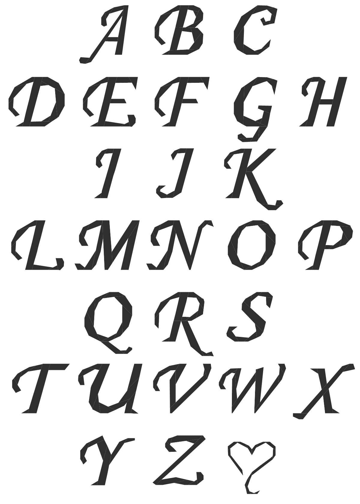 a paper pieced alphabet using a script style font with a heart