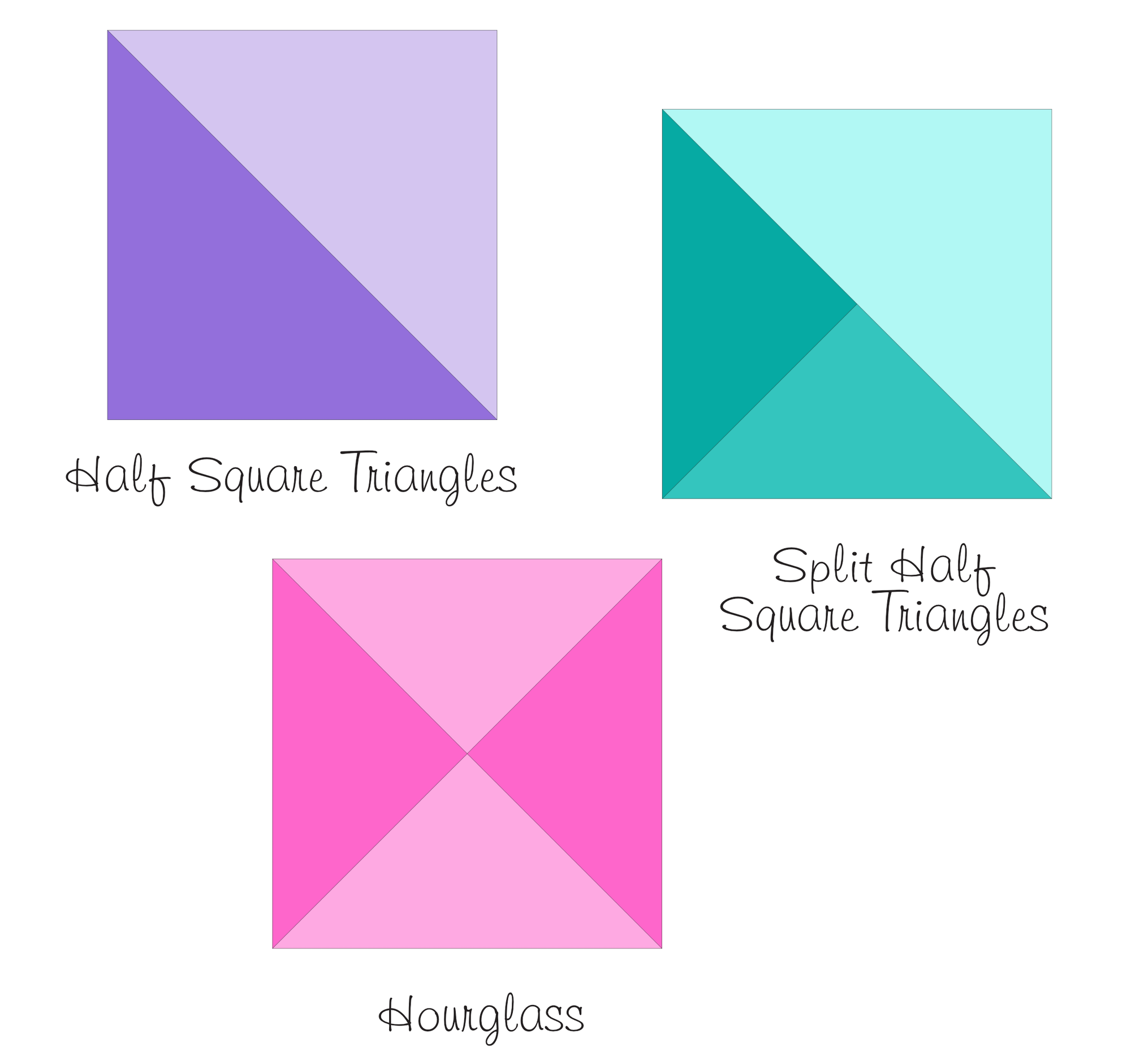triangles in squares paper pieced pattern including half square triangle, split half square triangle and hourglass
