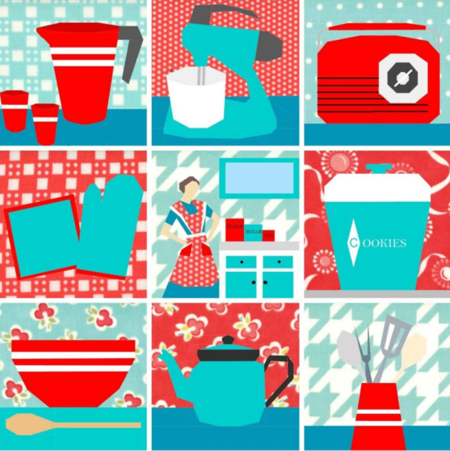 a foundation paper pieced pattern bundle featuring retro kitchen items like a mixer, radio, teapot and a 1950's style housewife