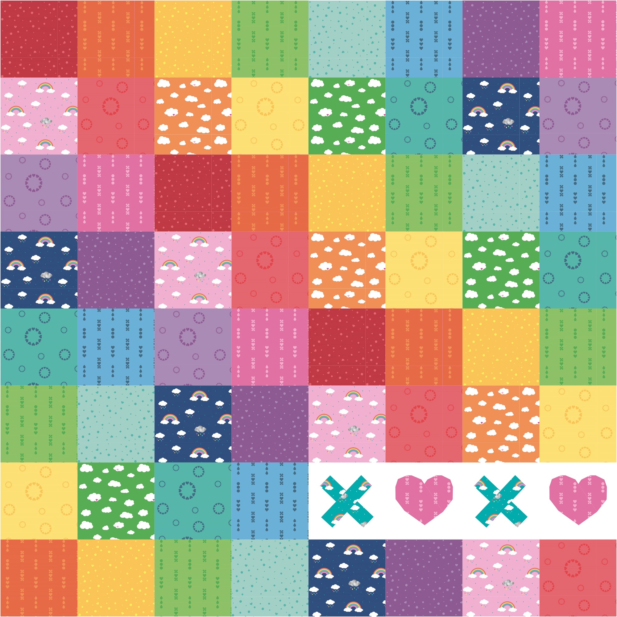 XOXO paper pieced quilt pattern in rainbow