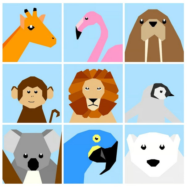 foundation paper pieced patterns featuring zoo animals including a giraffe, flamingo, walrus, monkey, lion, penguin, koala, macaw and polar bear