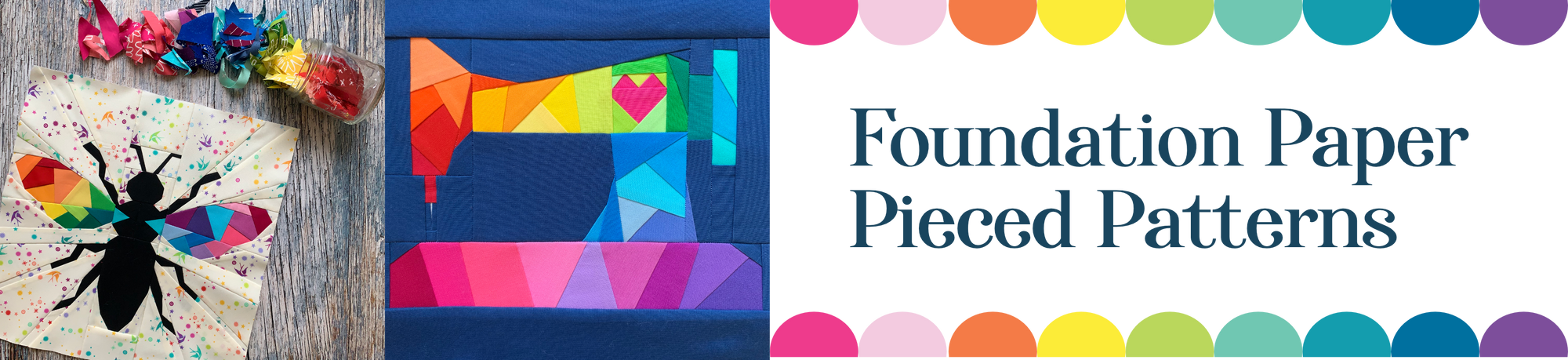 a collage of two patterns including a geometric bee, sewing machine with a label saying Foundation Paper Pieced Patterns