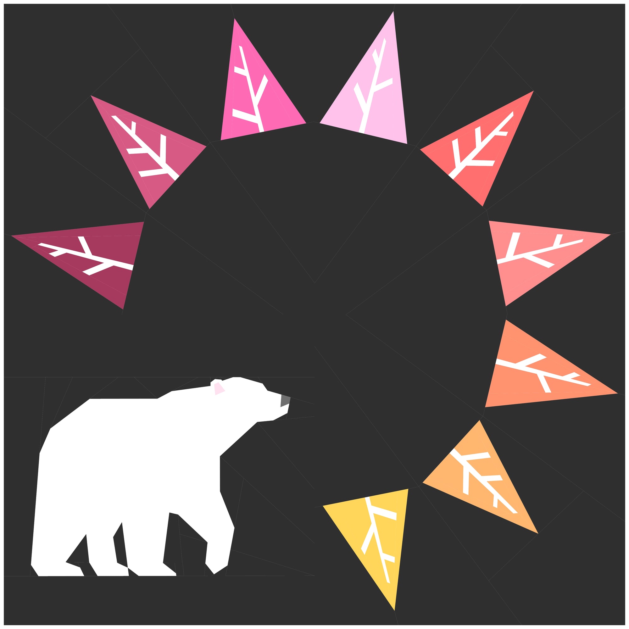 Dark background version of the Arctic Winter foundation paper pieced quilting pattern showing a polar bear with a colourful winter tree wreath