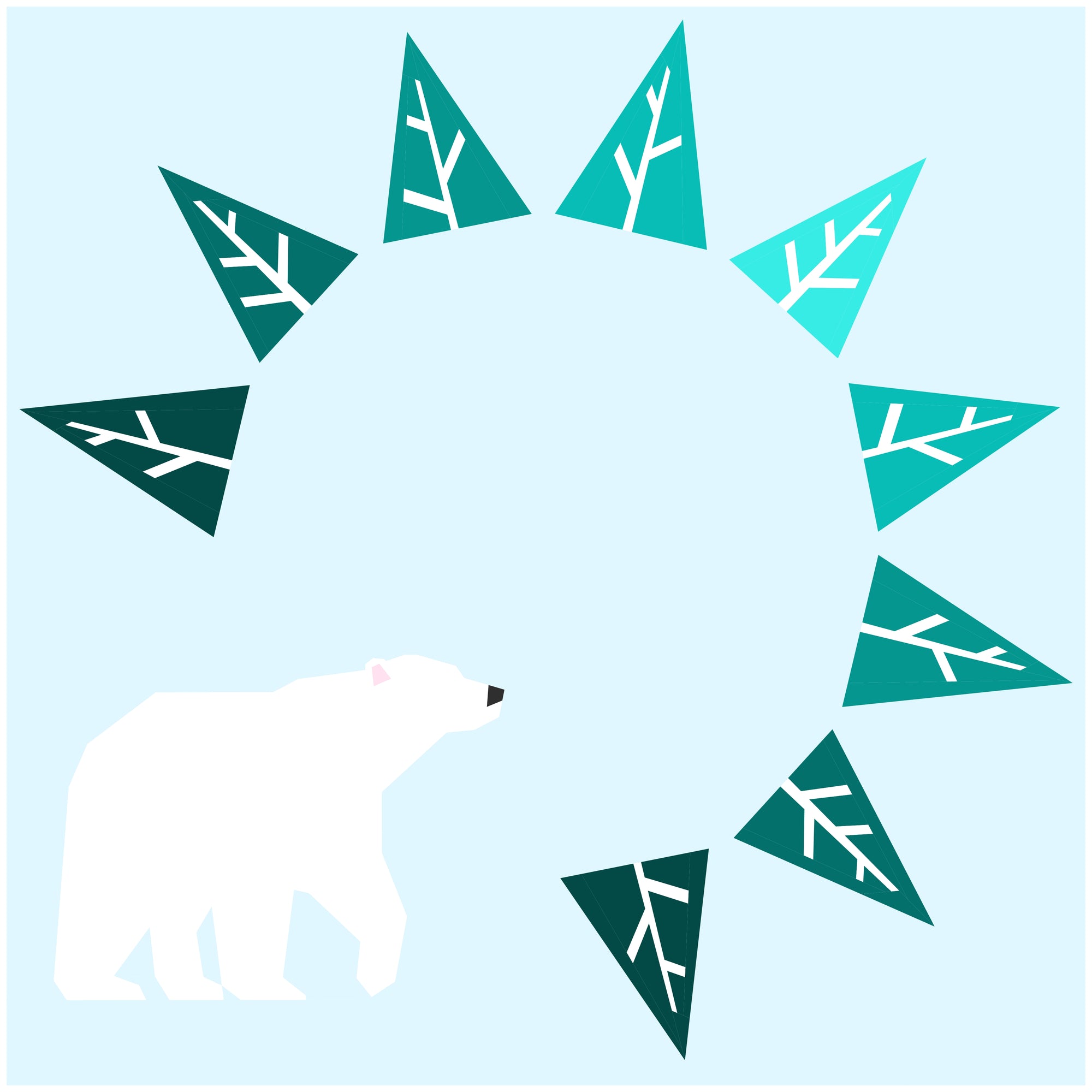 Arctic Winter foundation paper pieced quilting pattern featuring a polar bear surrounded by a wreath of winter trees