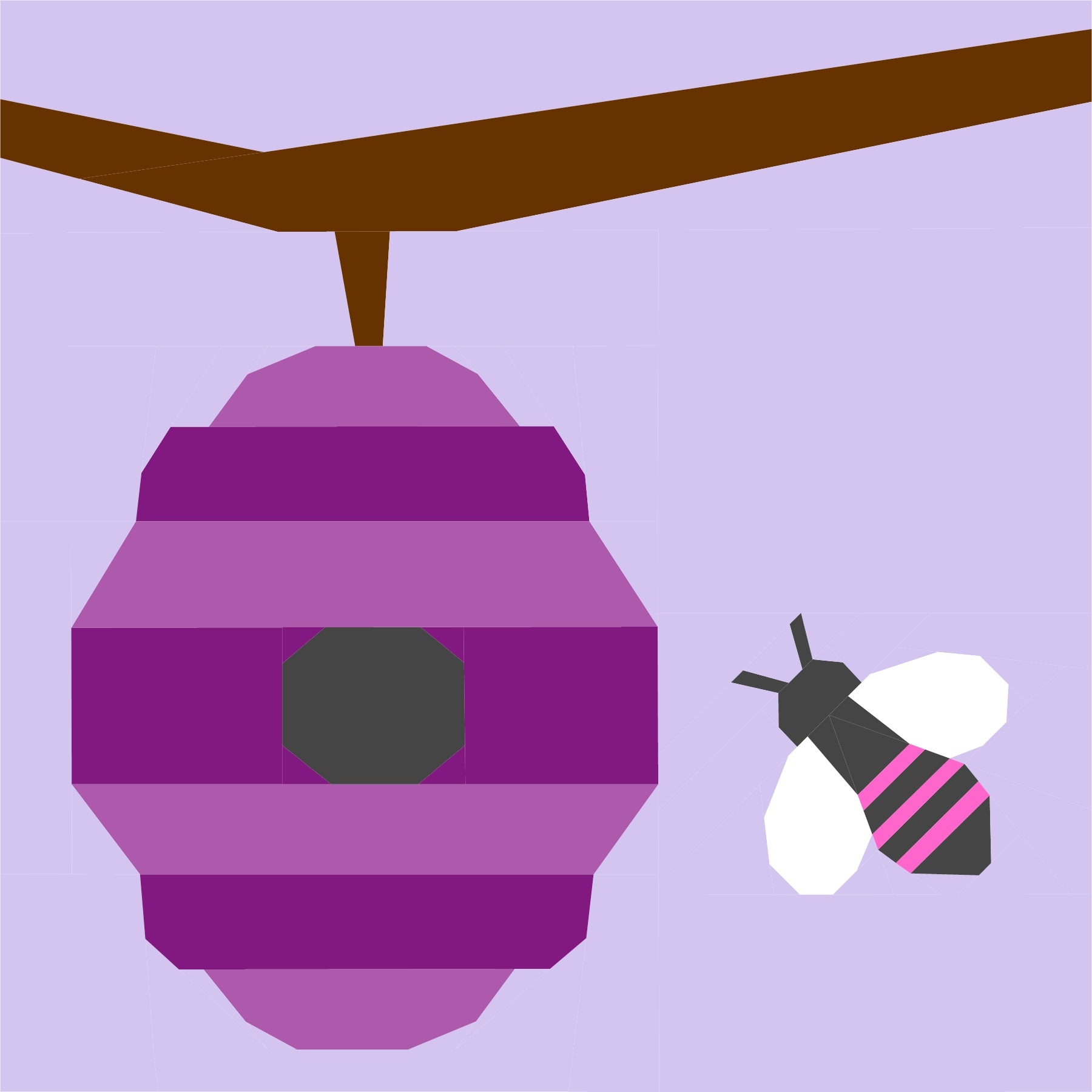 Foundation paper pieced quilt block showcasing a bold purple beehive with a coordinating bee. A fun and modern FPP pattern perfect for playful colour palettes and creative quilting.