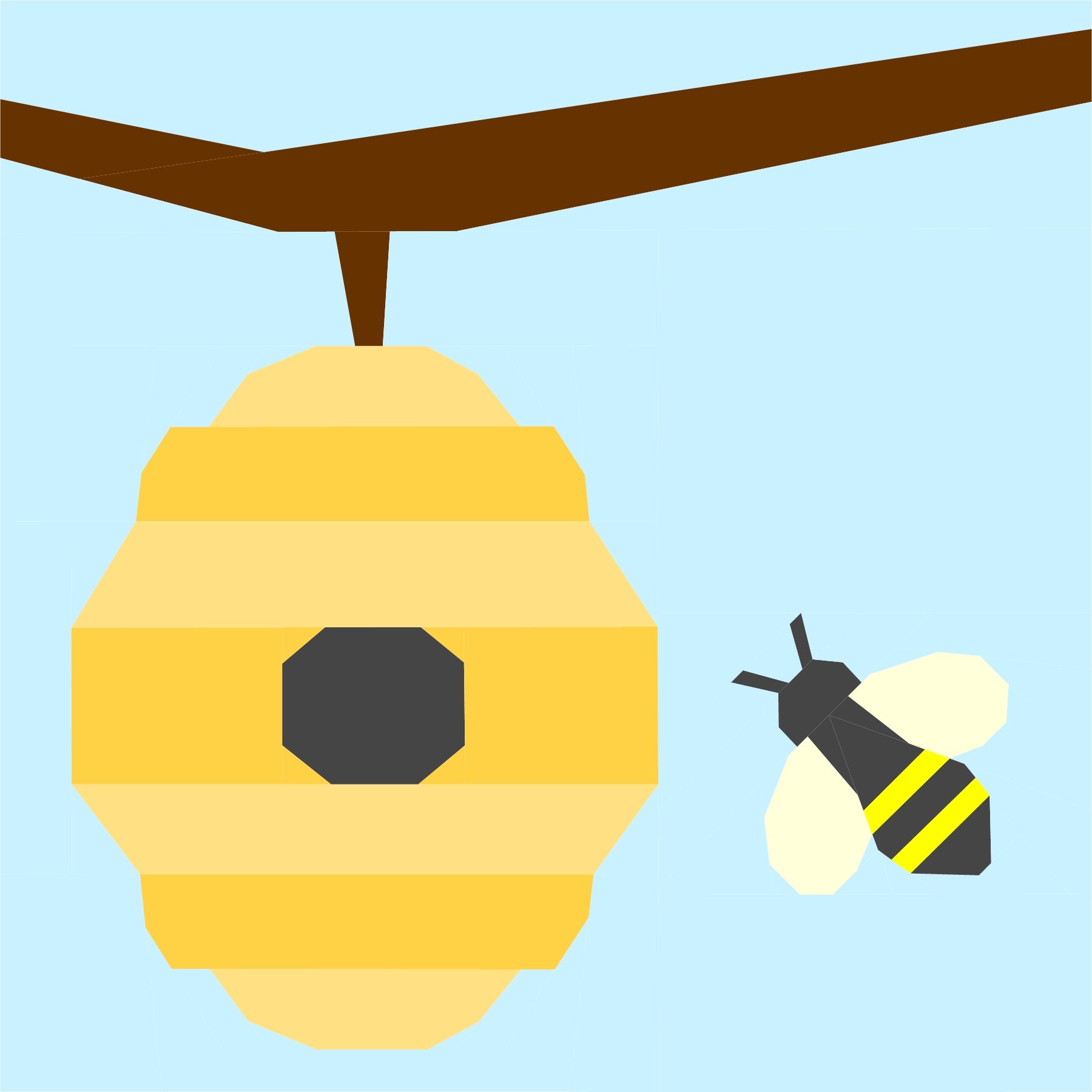 Modern foundation paper pieced quilt block featuring a geometric beehive hanging from a branch with a sweet little bee. A playful FPP design perfect for garden quilts, spring sewing, and nature-inspired projects.