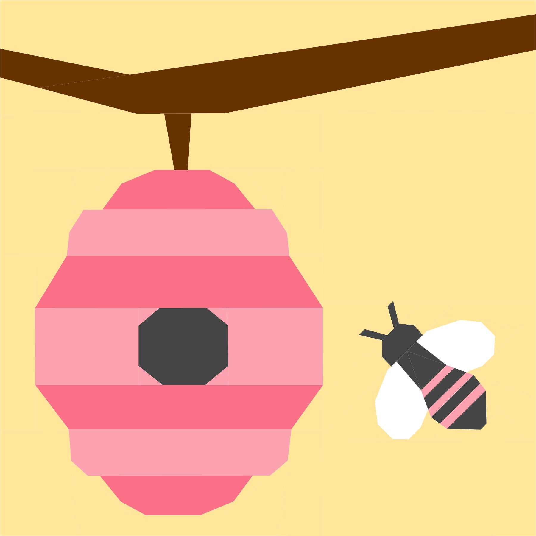 Modern foundation paper pieced quilt block featuring a pink beehive and buzzing bee. A sweet and whimsical FPP design ideal for spring quilts, garden themes, and colourful sewing projects.