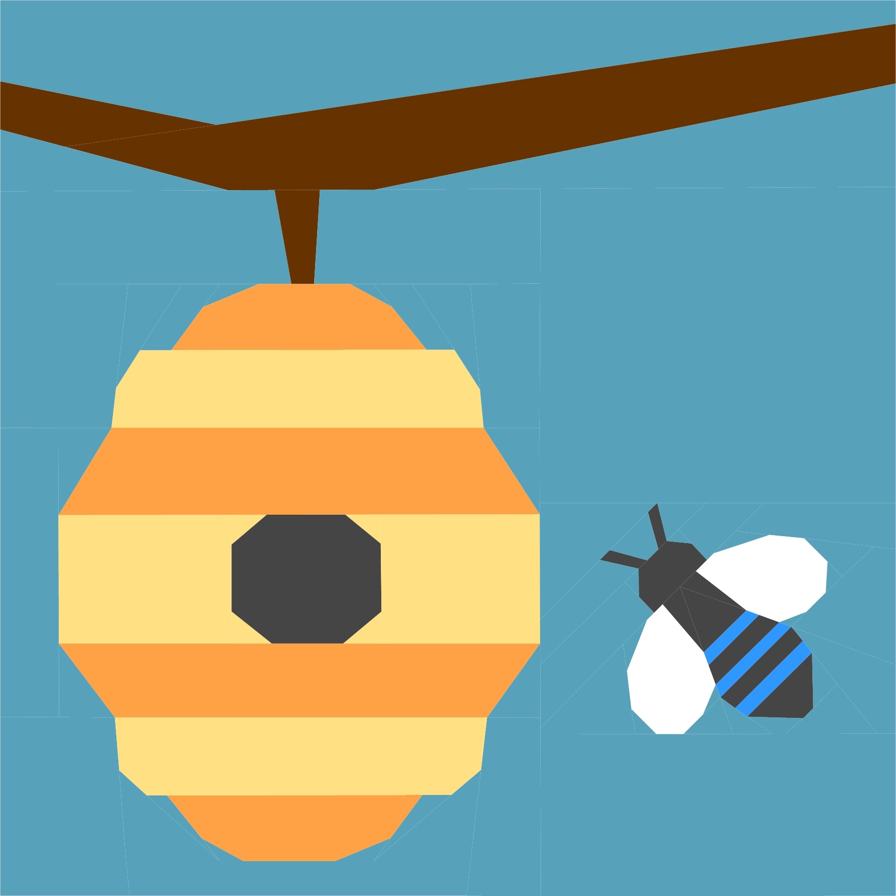 Geometric foundation paper pieced quilt block featuring a classic golden beehive with a buzzing bee. A modern FPP design that works beautifully for bright, nature-inspired quilts.