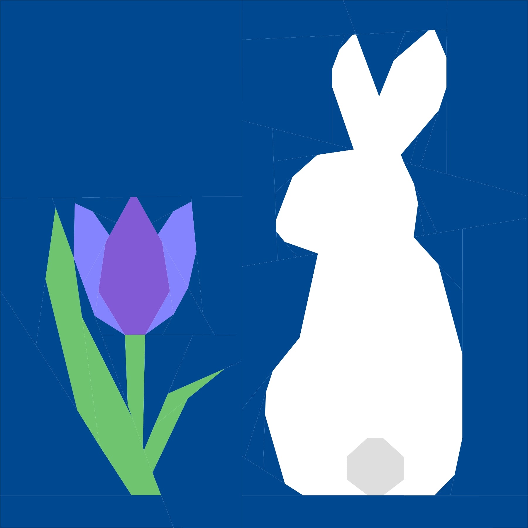 Foundation paper pieced bunny quilt block shown on a bold blue background with tulip detail. A clean and playful FPP pattern ideal for seasonal quilts and modern spring décor.