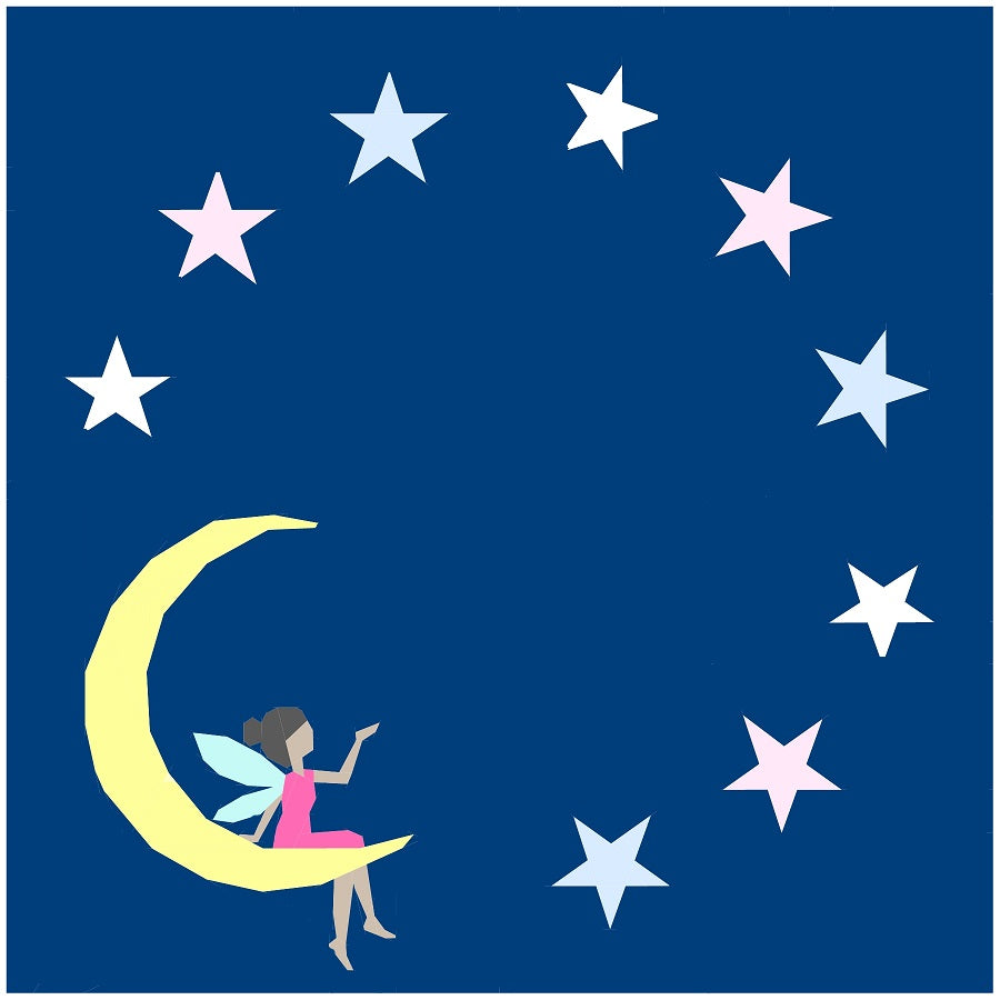 Whimsical fairy sitting on a crescent moon surrounded by soft pastel stars on a deep navy background. Modern foundation paper pieced quilt block.