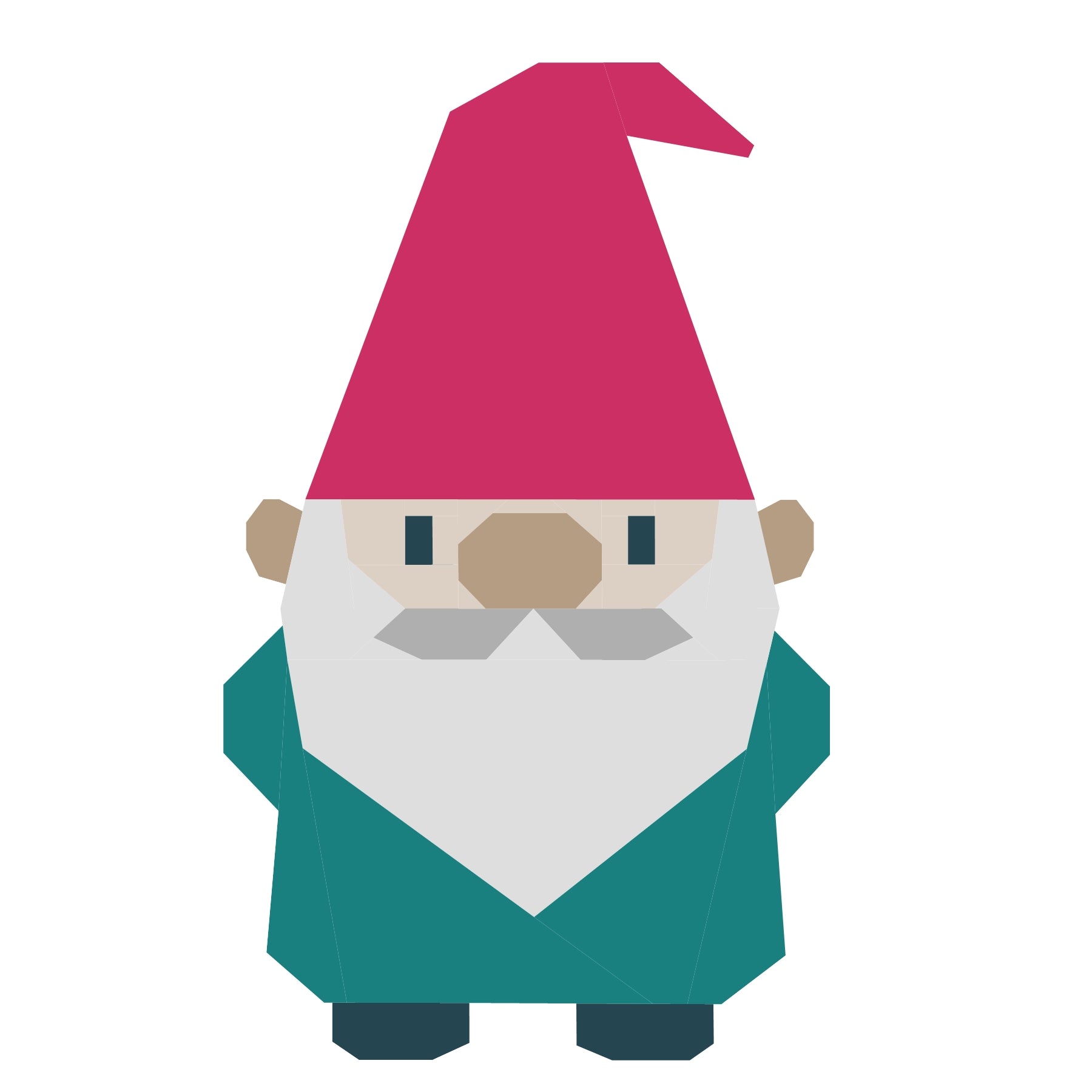 Modern foundation paper pieced garden gnome quilt block featuring a charming gnome with a tall hat and full beard. A playful FPP pattern perfect for whimsical garden-inspired quilting projects.