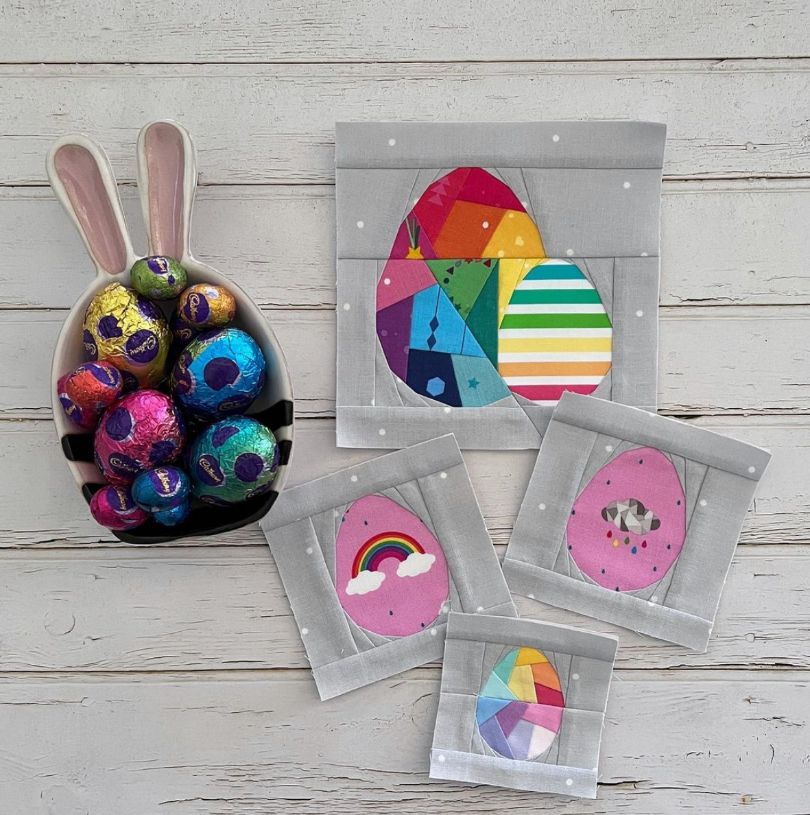 Easter Egg Paper pieced pattern bundle sewn in rainbow fabric