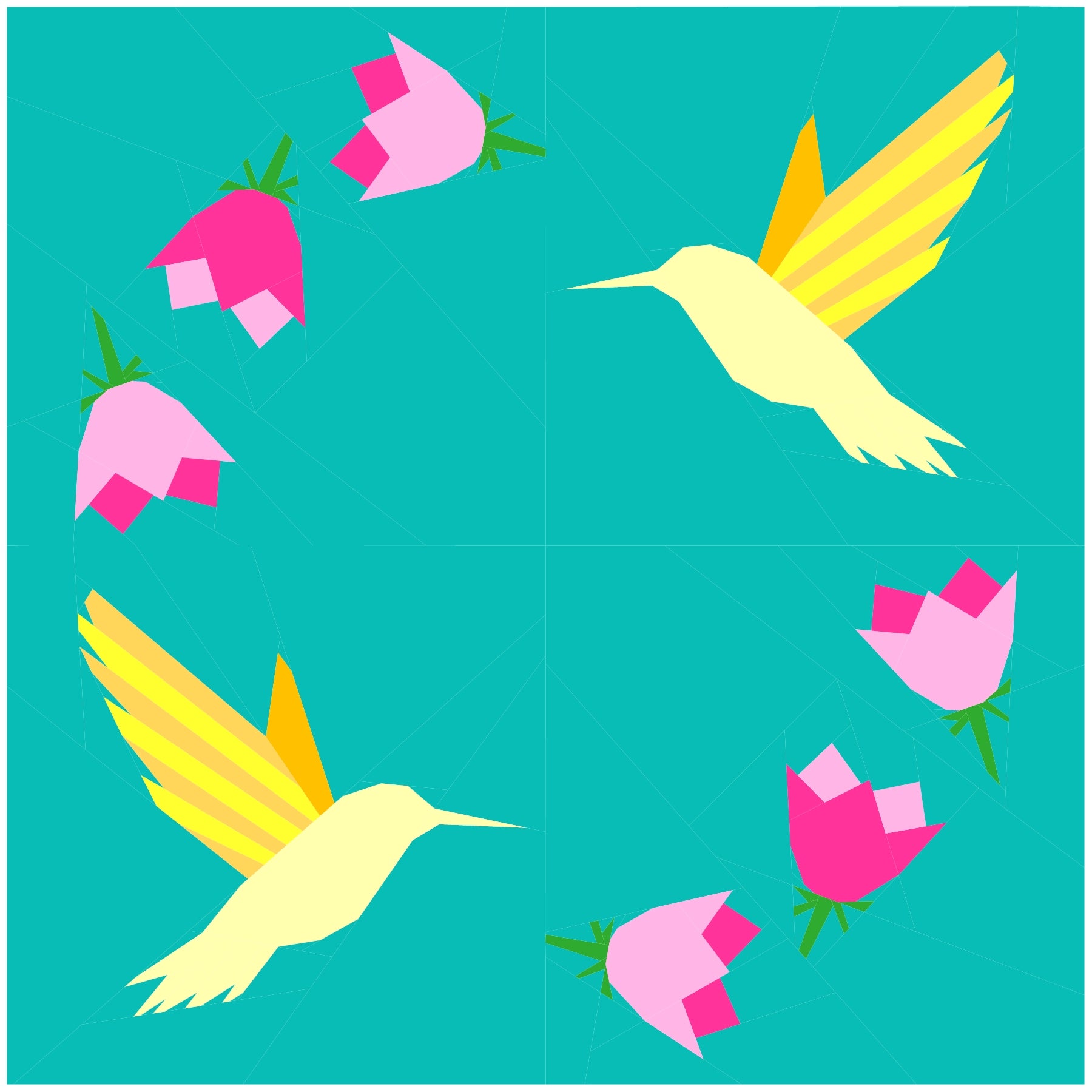 Modern foundation paper pieced hummingbird wreath quilt block on a teal background featuring vibrant birds and floral accents. A bold FPP design perfect for eye-catching quilt layouts.