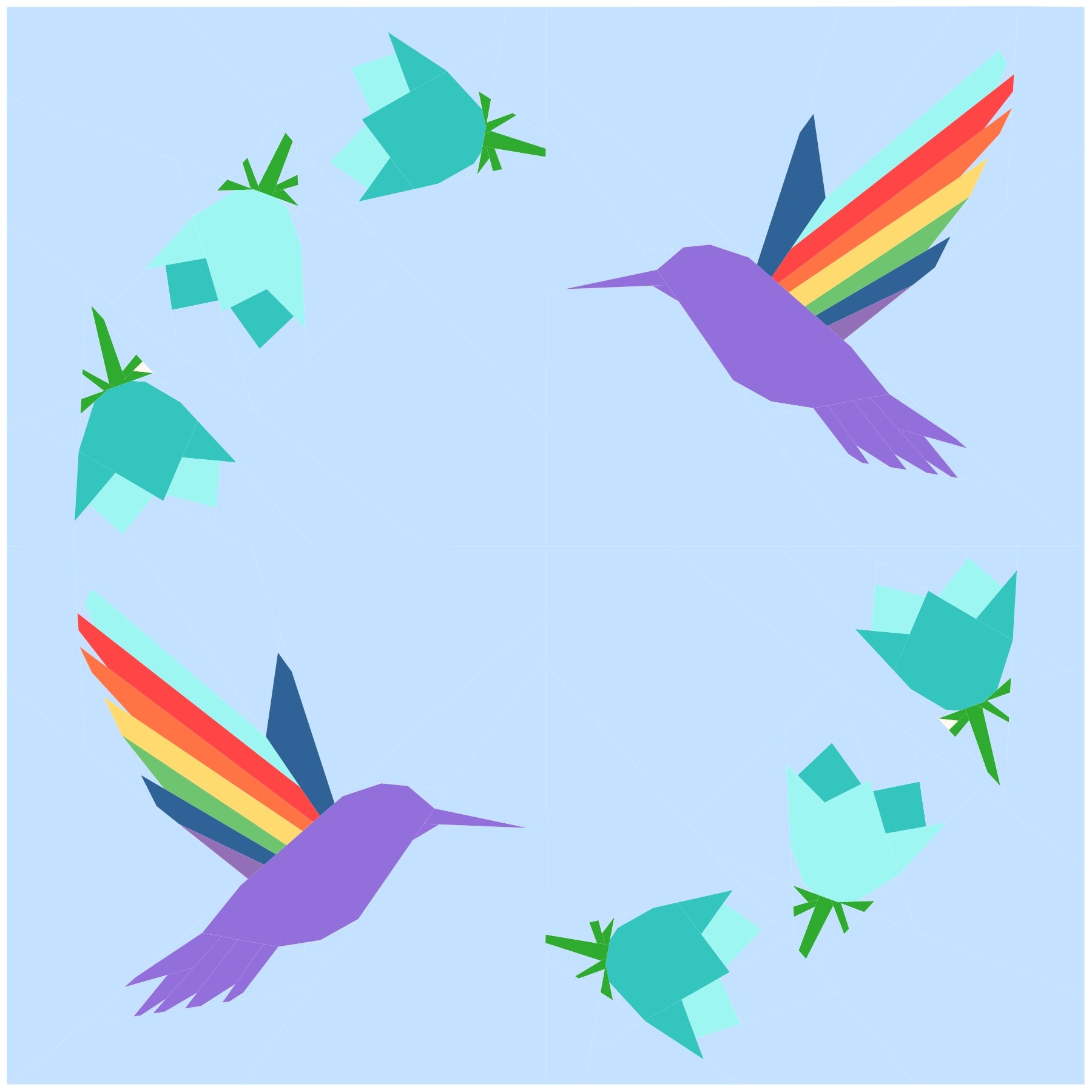 Foundation paper pieced hummingbird wreath quilt block on a blue background with colourful birds and blossoms. A playful FPP pattern ideal for bright and contemporary quilt projects.