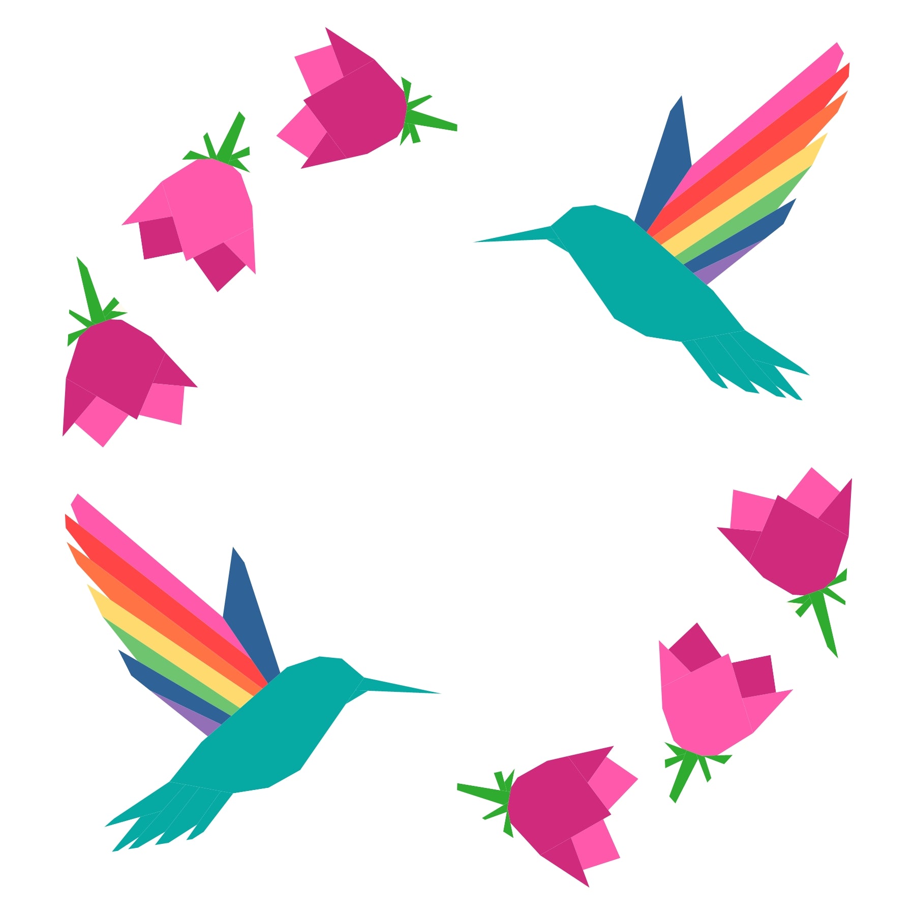Modern foundation paper pieced quilt block featuring hummingbirds with rainbow wings paired with sweet pink flowers in a wreath layout. A vibrant FPP design perfect for spring quilts and colourful sewing projects.