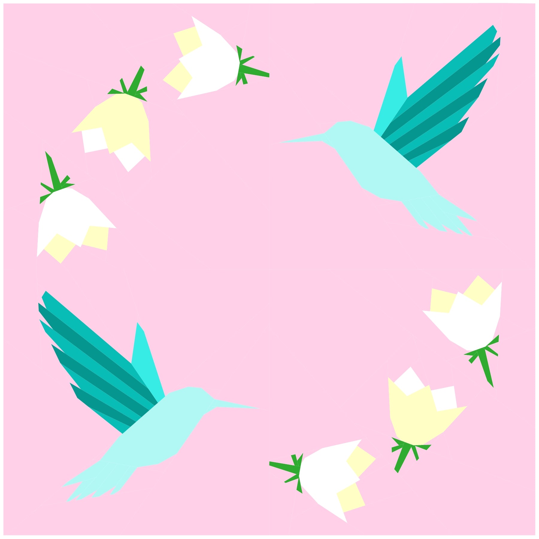 Geometric foundation paper pieced hummingbird wreath quilt block on a soft pink background. A modern FPP design featuring delicate flowers and birds arranged in a circular wreath.