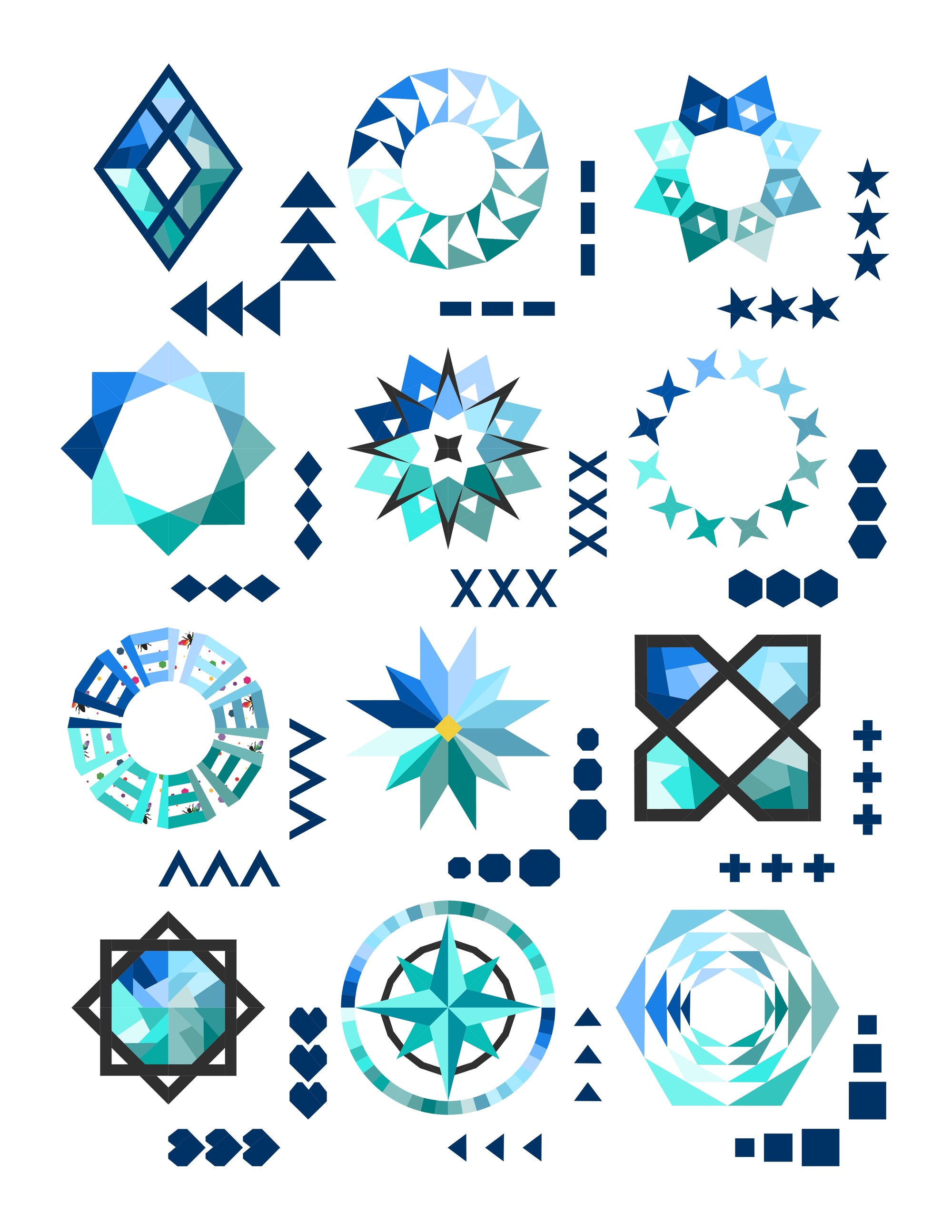 Geo Gems Foundation Paper Pieced Quilt Along featuring blue geometric designs