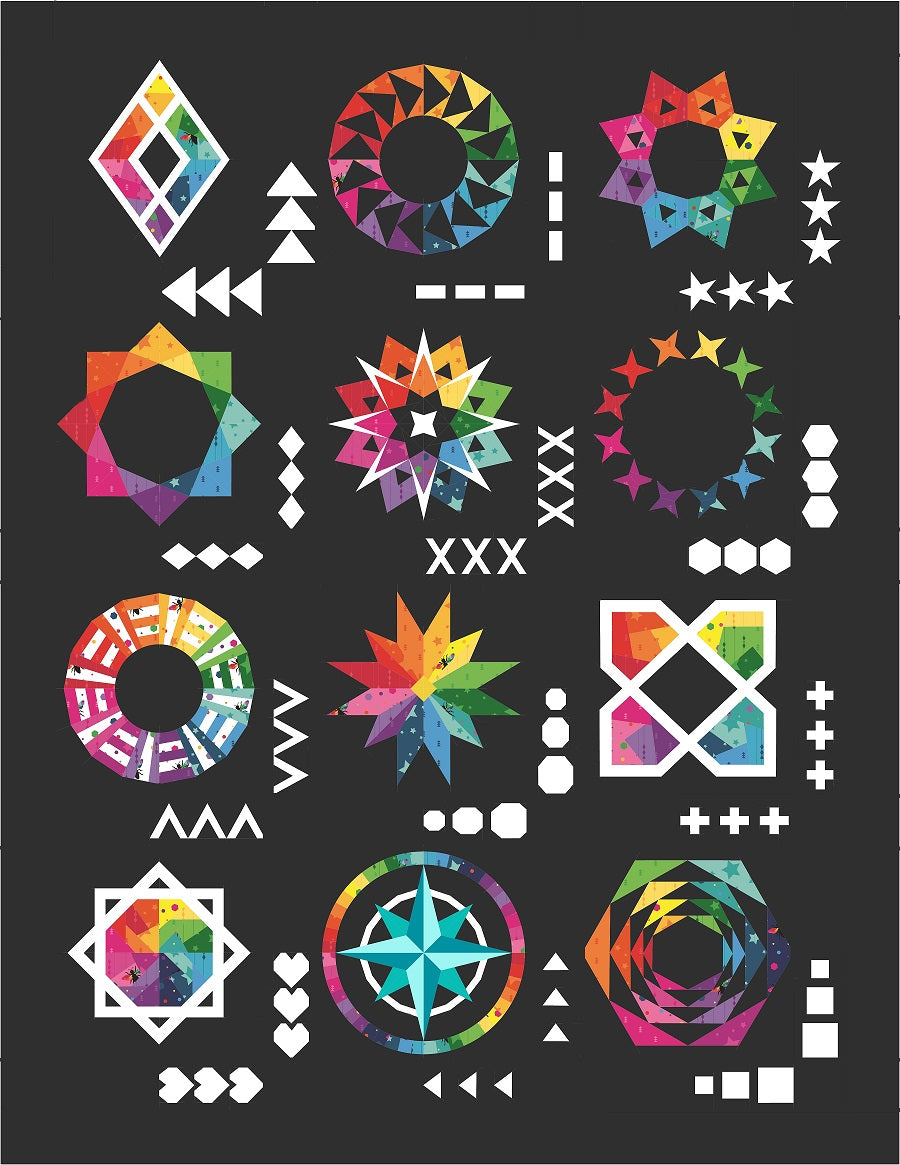 Geo Gems Foundation Paper Pieced Quilt Along featuring rainbow geometric designs on a black background