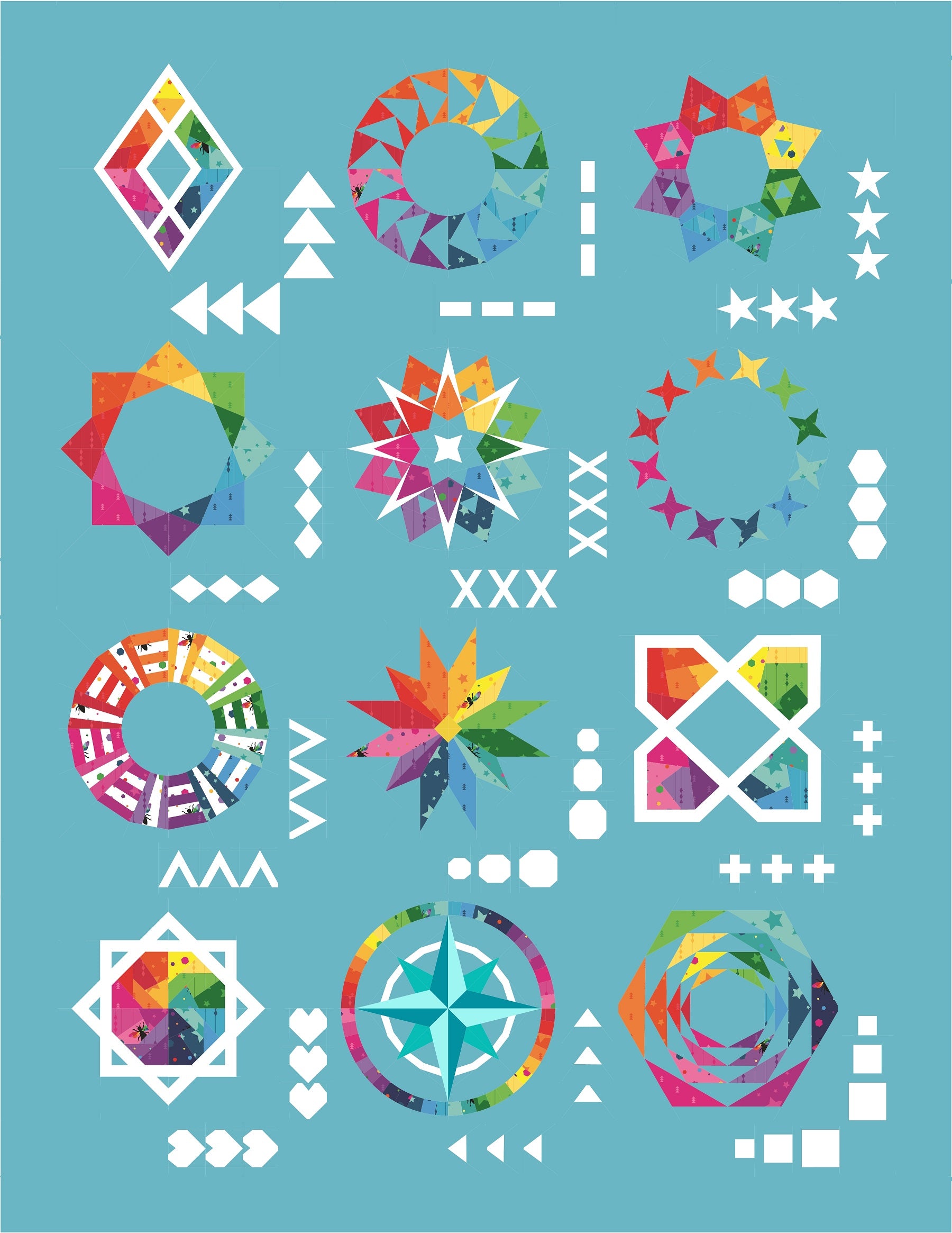 Geo Gems Foundation Paper Pieced Quilt Along featuring rainbow geometric designs on an aqua background