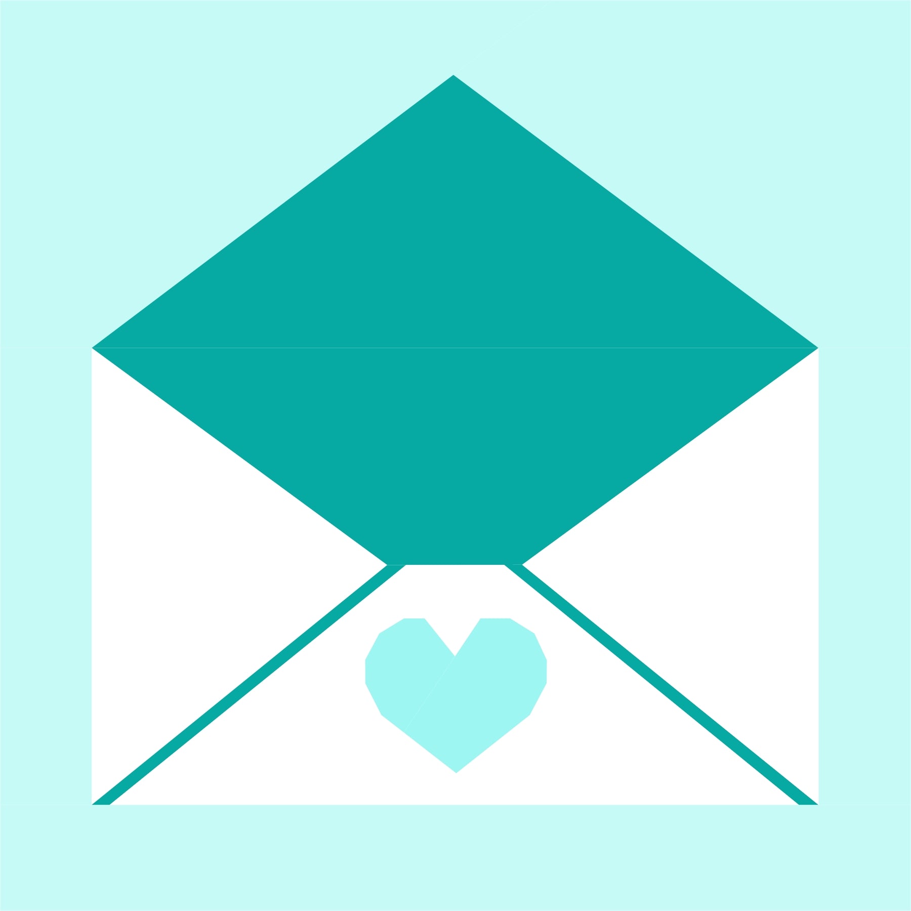 Foundation paper pieced envelope quilt block in fresh teal with heart detail. A sweet and versatile FPP pattern perfect for modern quilts, decorative cushions, and love inspired projects.