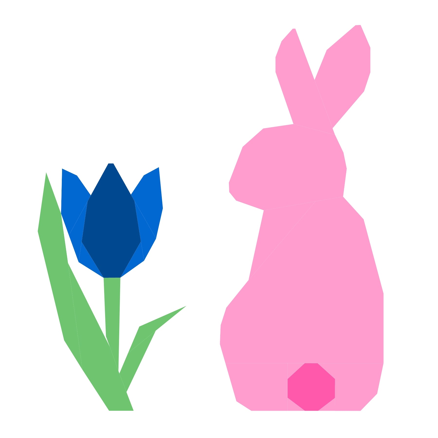 Geometric foundation paper pieced bunny quilt block in soft pink with tulip accent. A sweet and simple FPP design perfect for baby quilts, Easter makes, and floral-themed projects.
