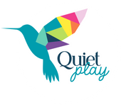 Quiet Play logo with geometric rainbow coloured hummingbird on white circle background