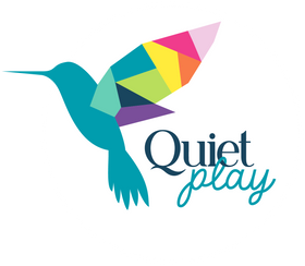 Quiet Play logo with geometric rainbow coloured hummingbird on white circle background