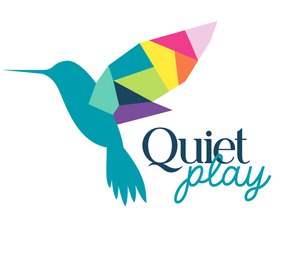 Quiet Play logo with geometric rainbow coloured hummingbird on white circle background