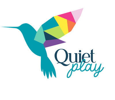 Quiet Play logo with geometric rainbow coloured hummingbird on white circle background