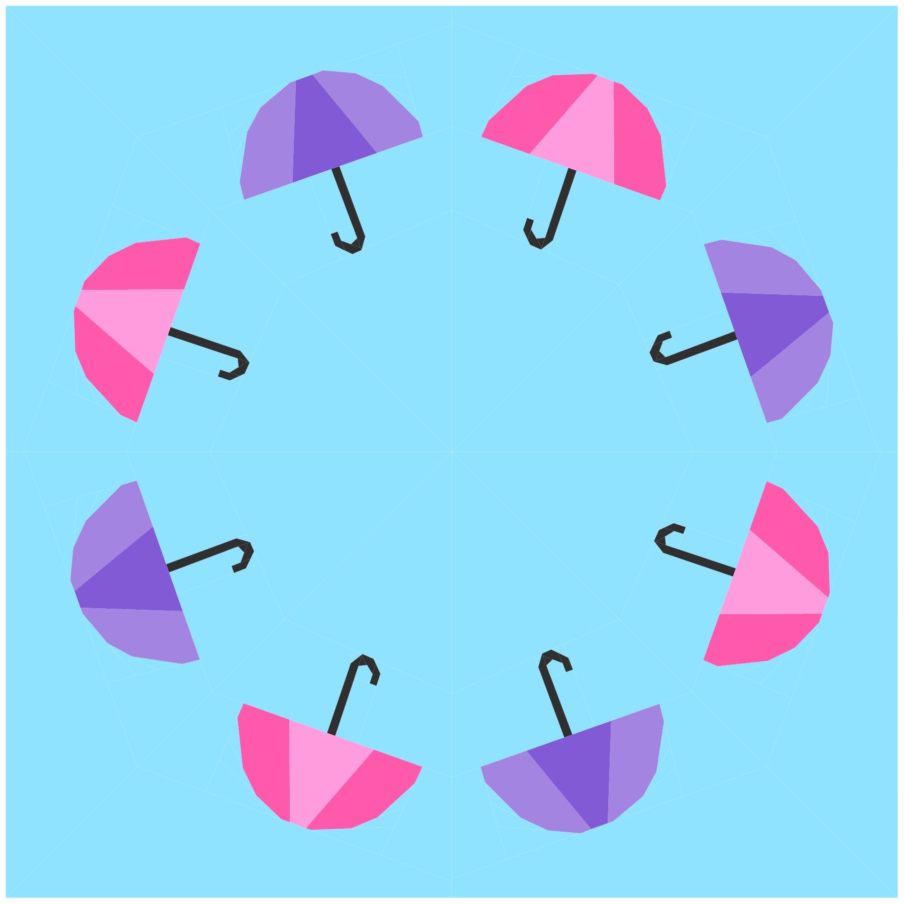 Foundation paper pieced umbrella wreath quilt block on a blue background with bright, colourful umbrellas. A contemporary FPP design ideal for lively and creative quilt projects.