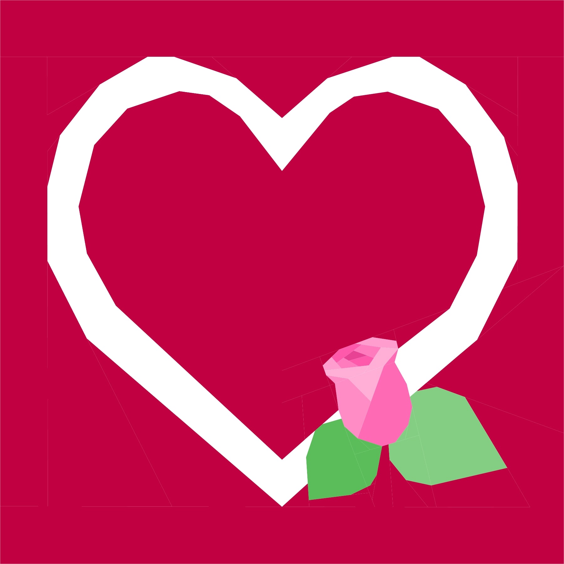 Modern foundation paper pieced heart quilt block featuring a bold white love heart with rose detail on a red background. A striking FPP design perfect for Valentine’s Day quilts and romantic sewing projects.