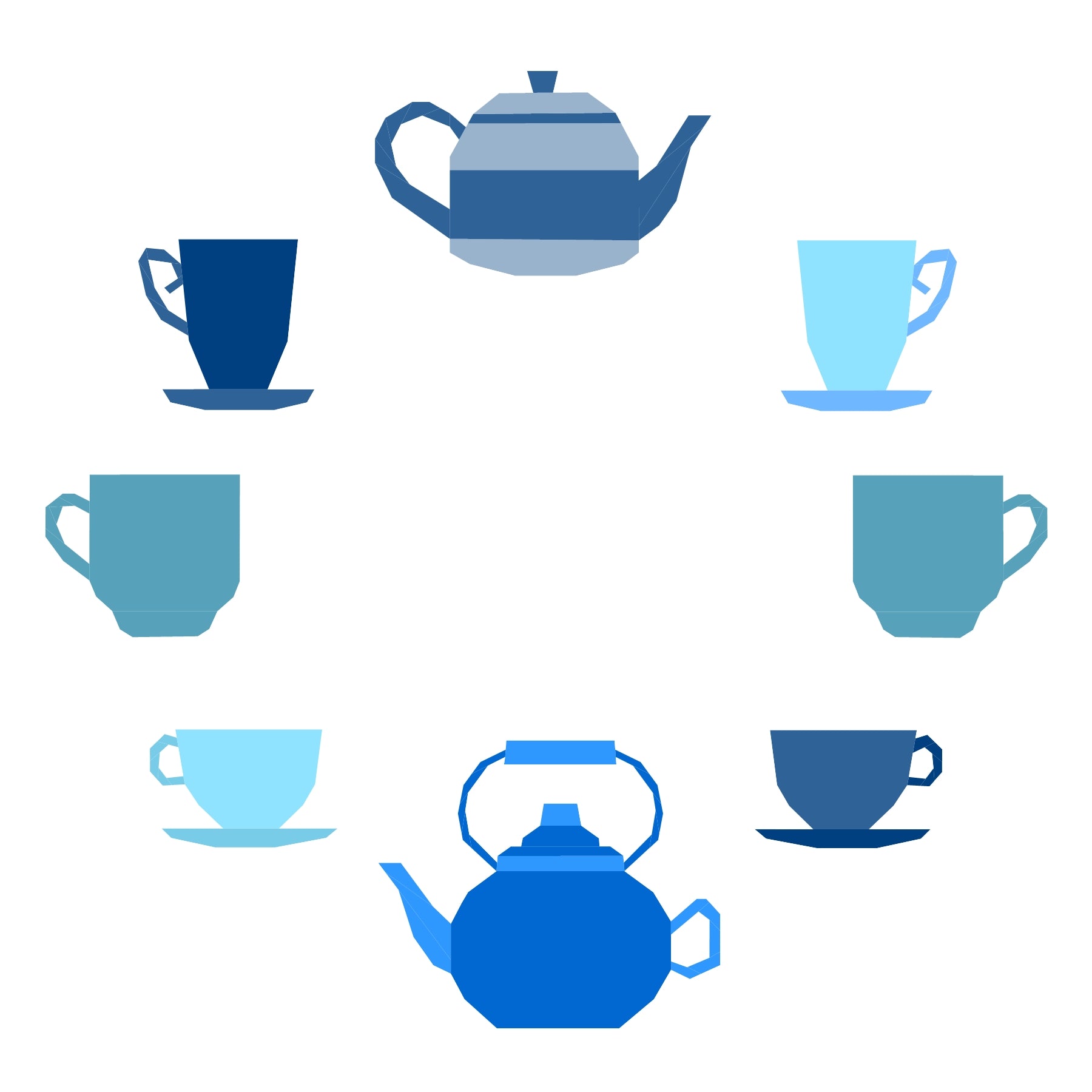 Foundation paper pieced quilt block showcasing teacups and teapots in coordinated blue tones. A clean, modern FPP pattern perfect for cohesive colour palettes and contemporary quilts.