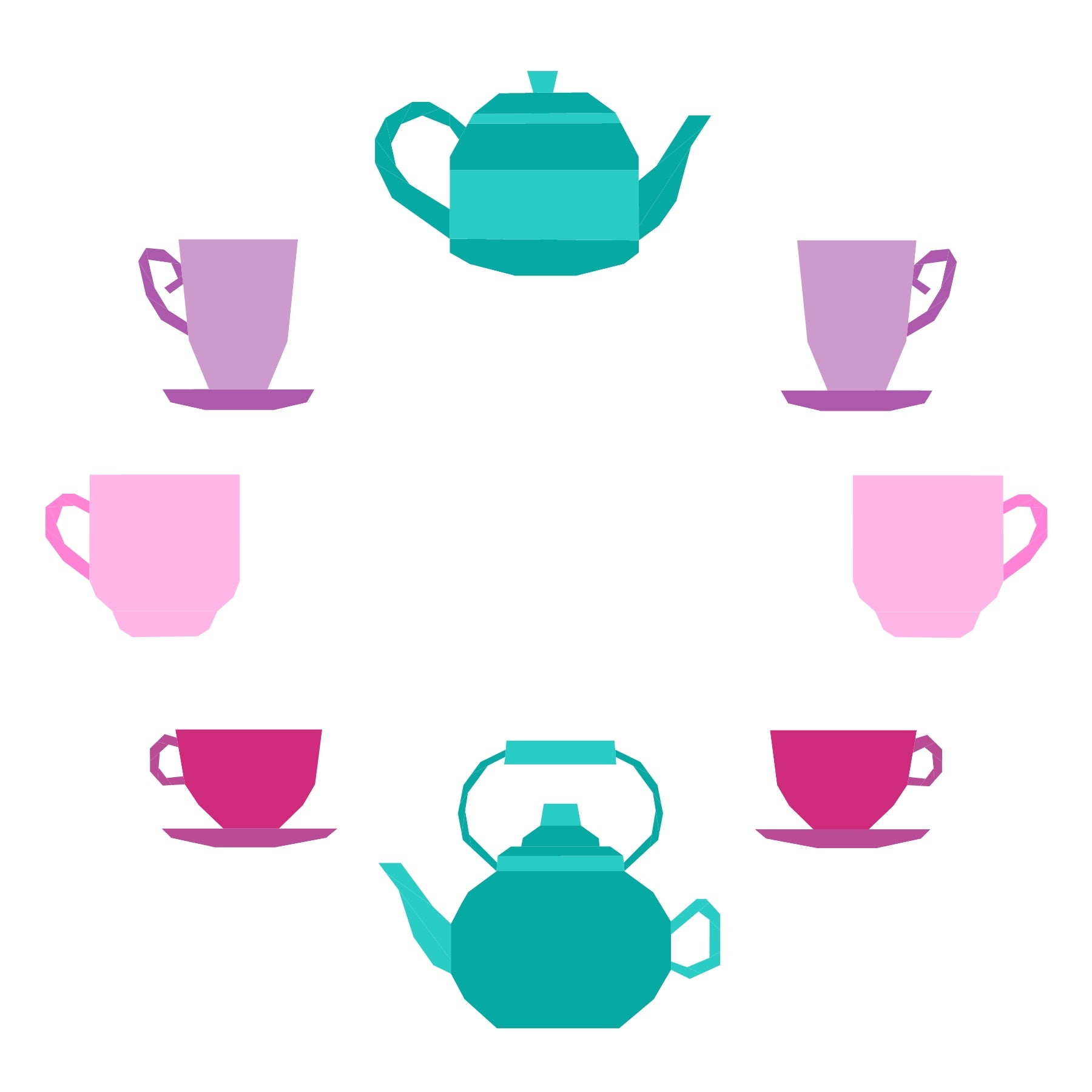 Modern foundation paper pieced quilt block featuring soft pastel teacups and teapots. A charming FPP design ideal for sweet, whimsical quilts and tea-themed sewing projects.