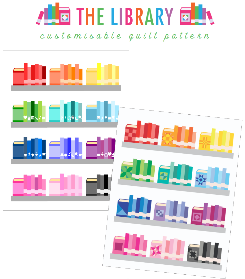The Library customisable foundation paper pieced quilting pattern cover featuring illustrated bookshelf blocks by Gnome Angel and Quiet Play