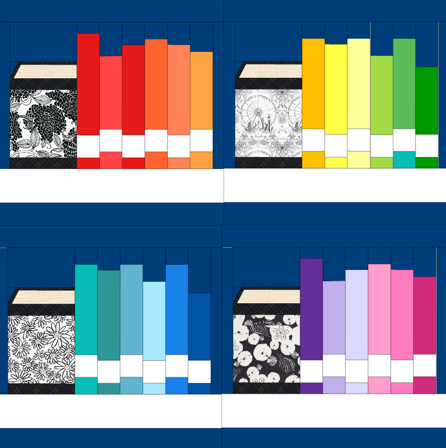 Finished bookshelf quilt made with The Library foundation paper pieced quilting pattern showing colour-coordinated book spines