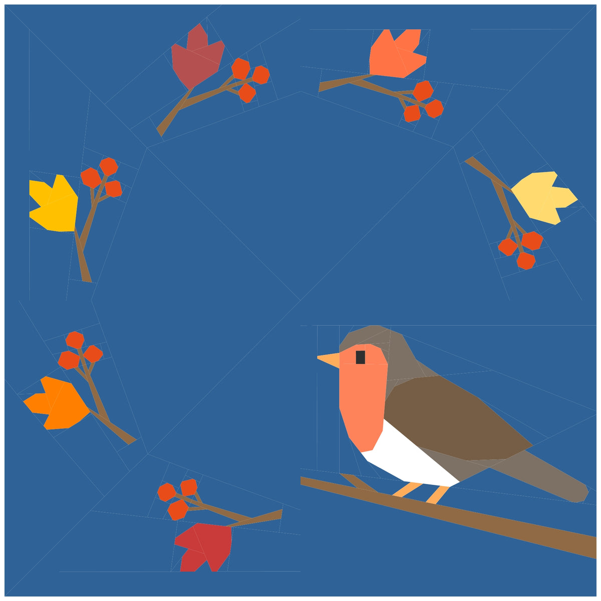 Robin sitting on a branch surrounded by autumn leaves and berries, foundation paper pieced quilting pattern illustration on blue background