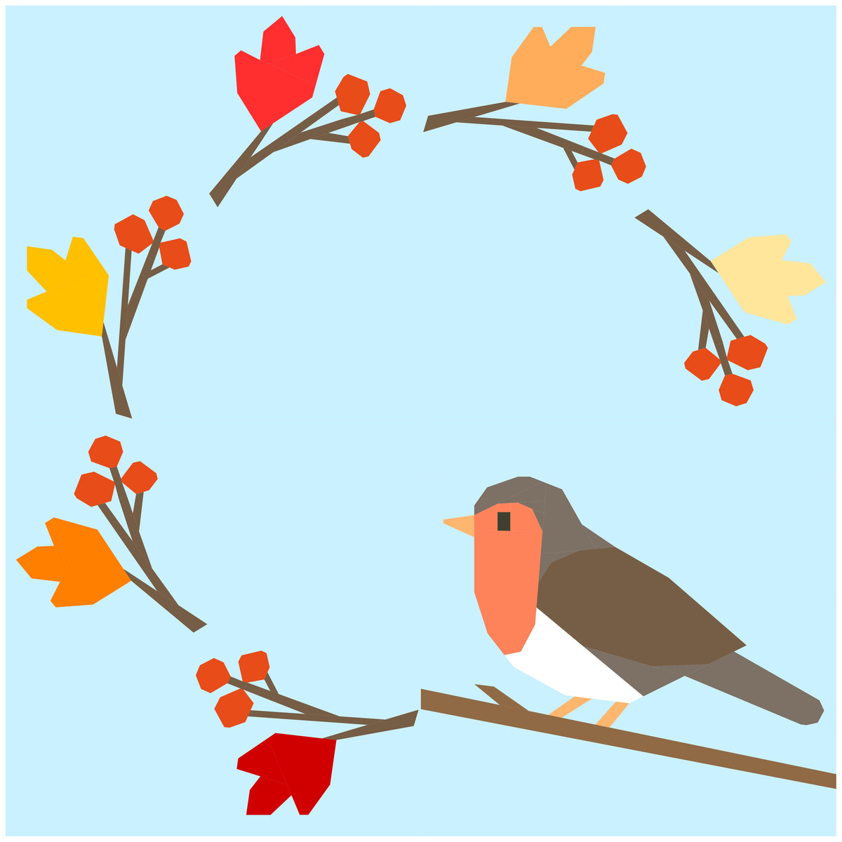 Robin framed by a circular wreath of leaves and berries, foundation paper pieced quilting pattern illustration on light blue background