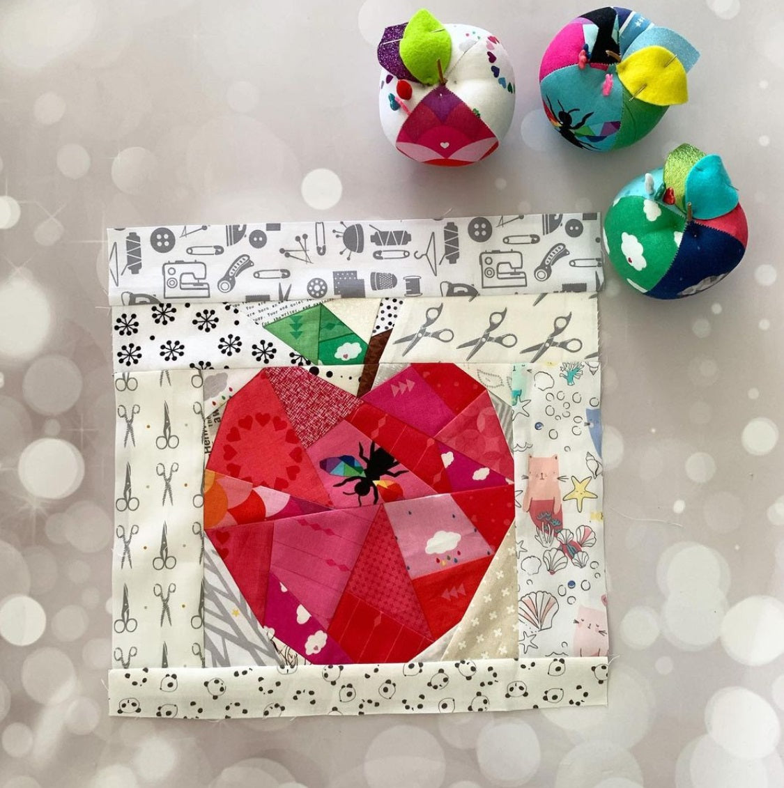 geometric apple paper pieced pattern sewn in fabric