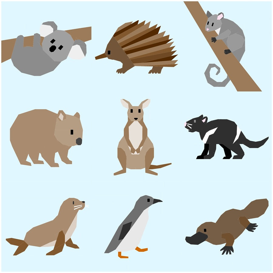 Australian animals foundation paper pieced quilt pattern bundle featuring koala, platypus, echidna and more