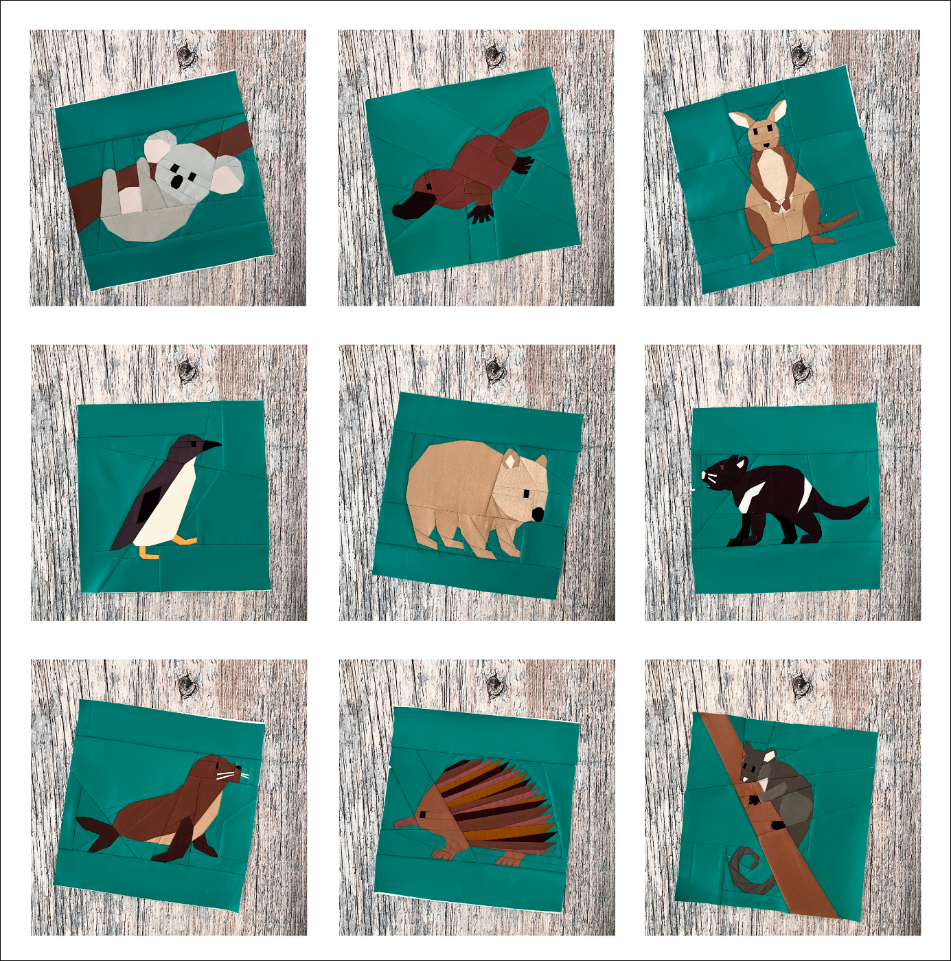 Grid of Australian animals foundation paper pieced quilt blocks included in the pattern bundle
