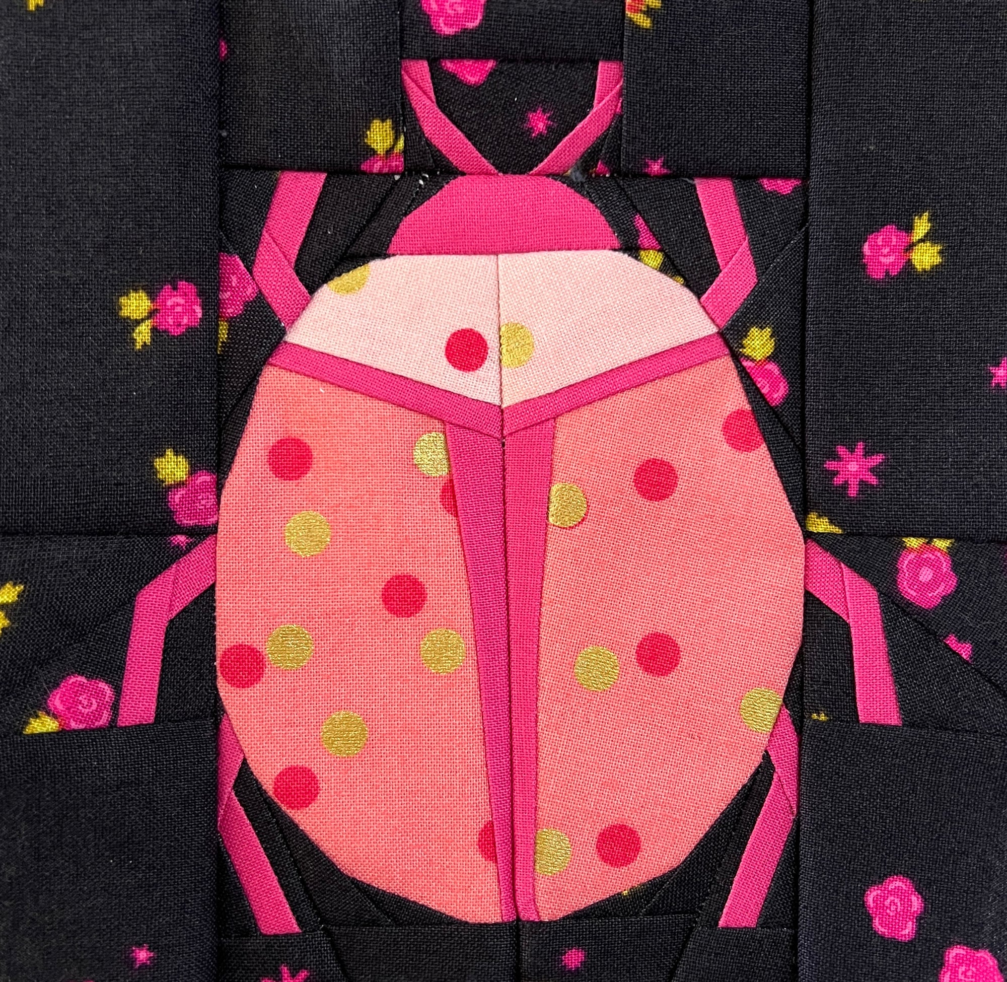 Pink beetle bug foundation paper pieced quilt block sewn in fabric
