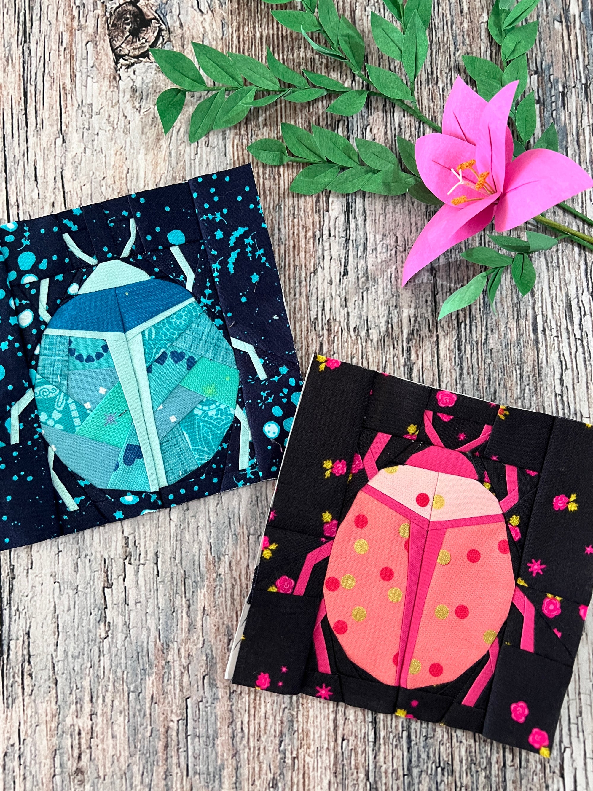 Sewn foundation paper pieced beetle bug quilt blocks in fabric