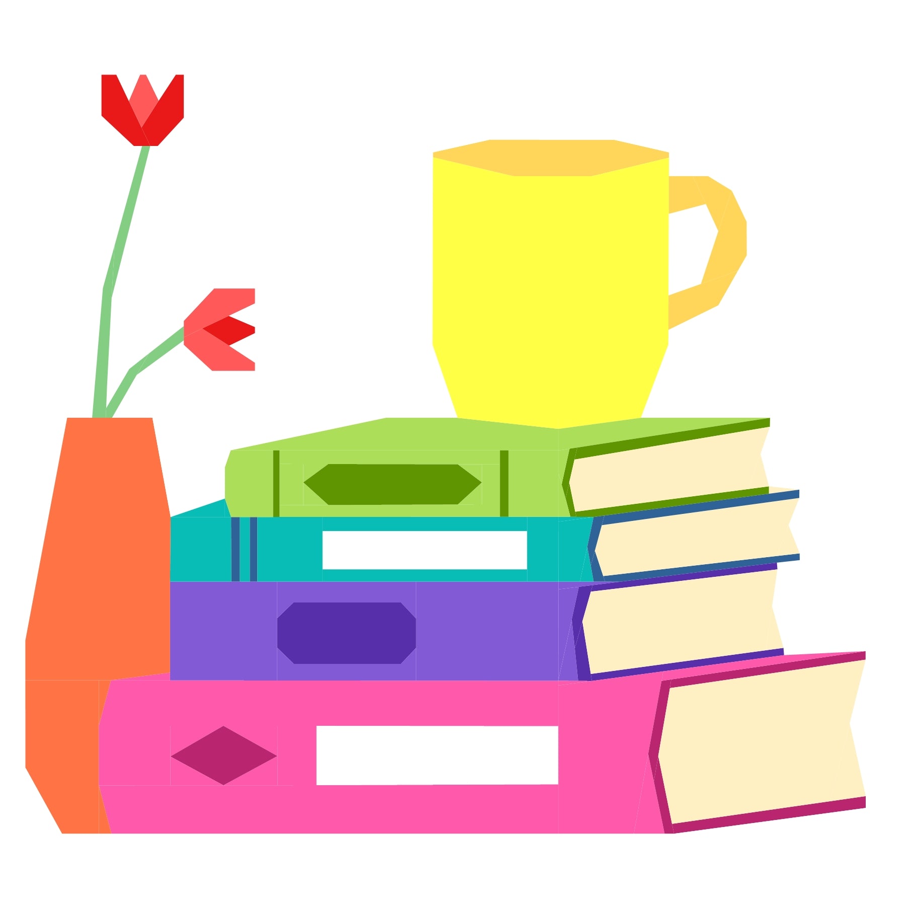 Blissful books foundation paper pieced quilt block with stacked books, coffee mug and flowers