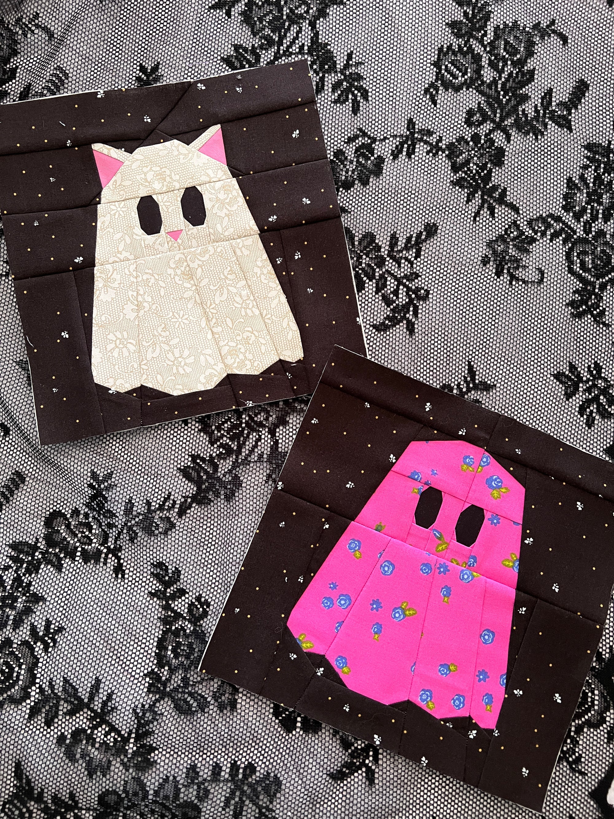 Single foundation paper pieced ghost quilt block from the Boo Crew pattern bundle
