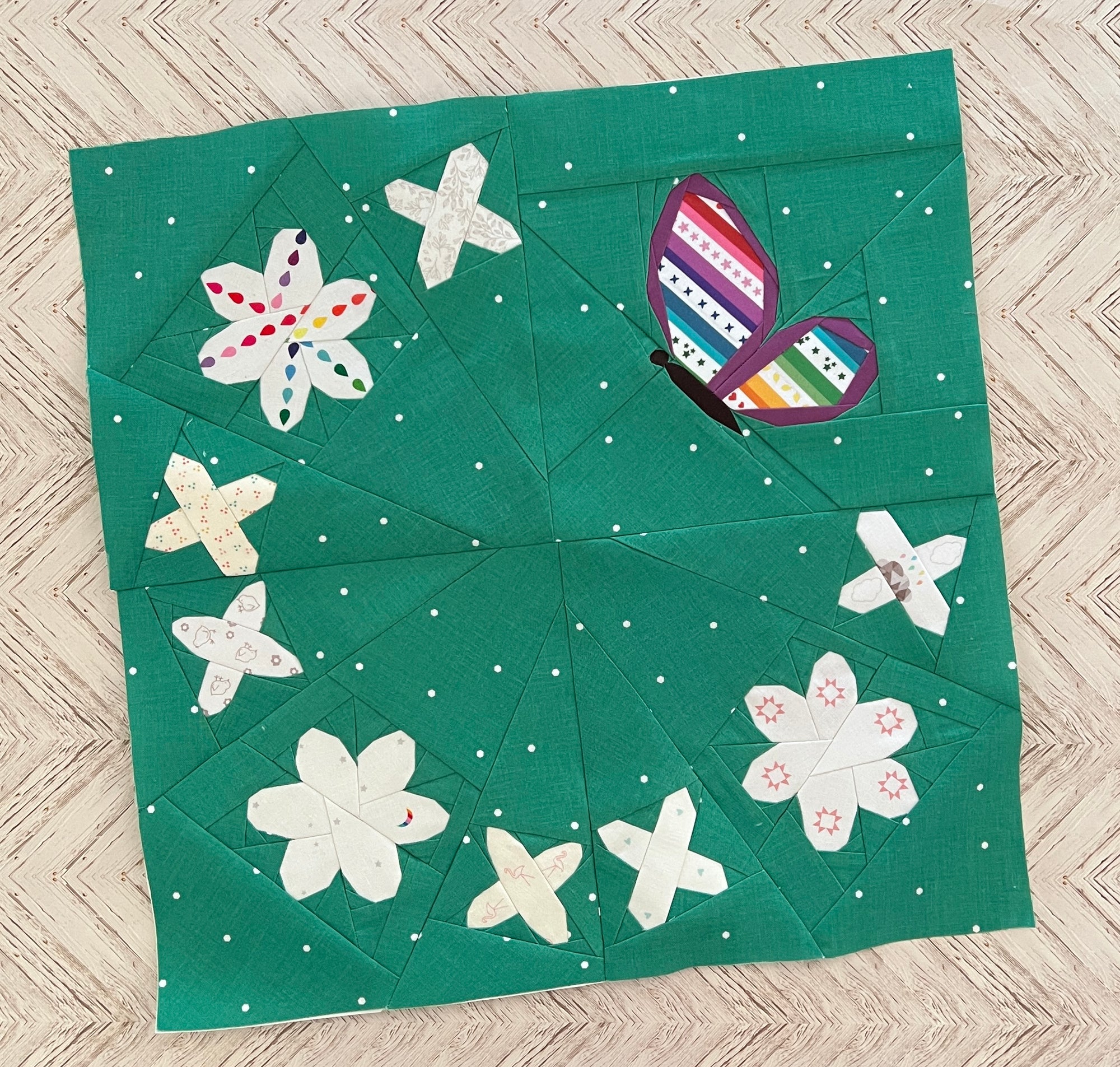 butterfly garland paper pieced pattern sewn in fabric